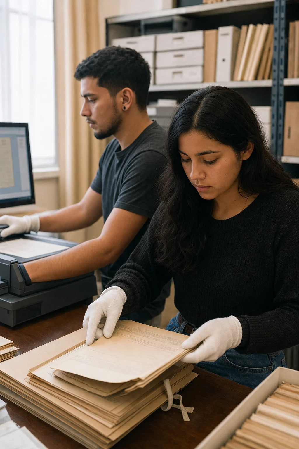Estudiantes digitalizando y conservando documentos de archivo
