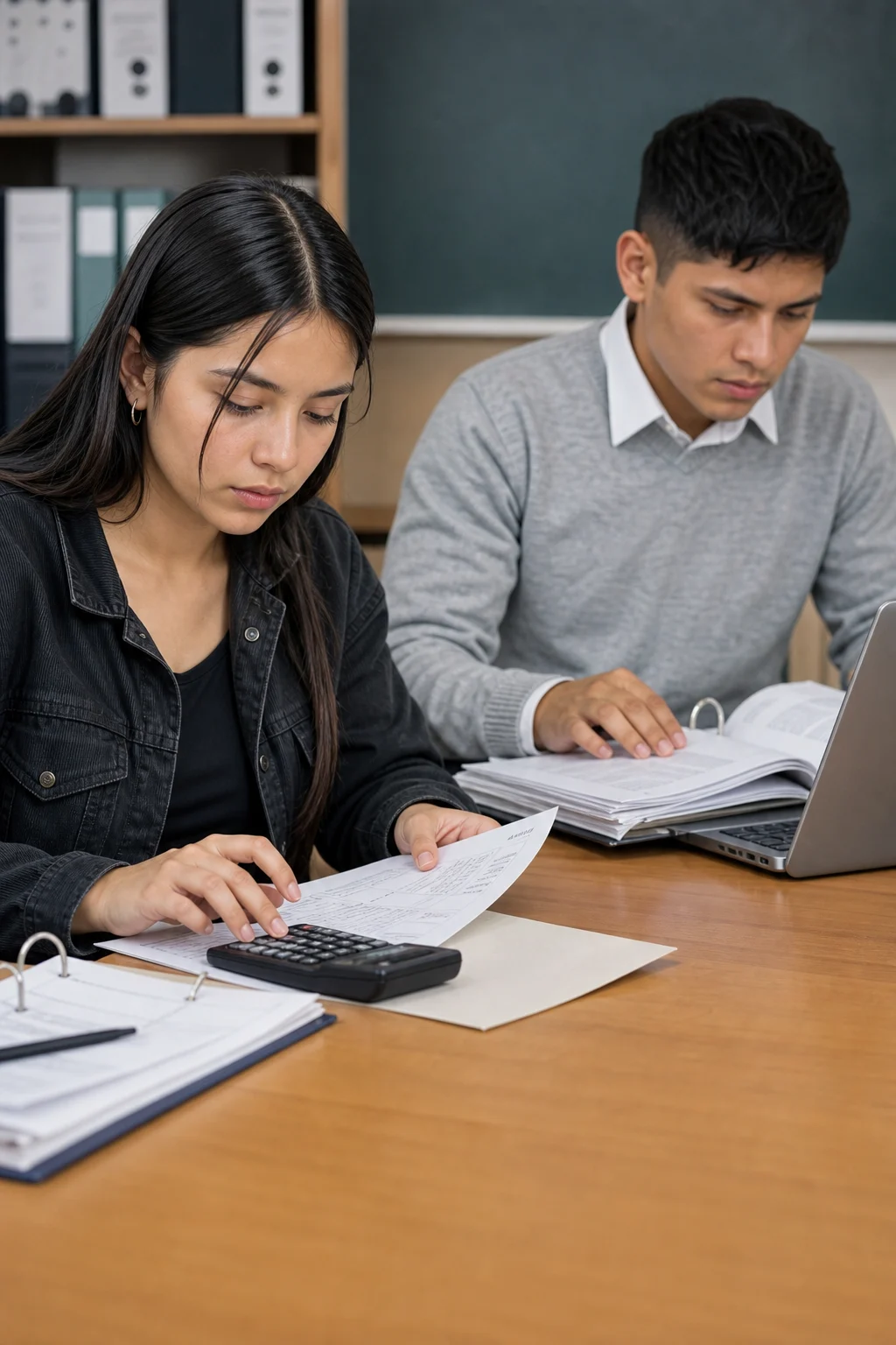 Estudiantes verificando documentos y operaciones contables