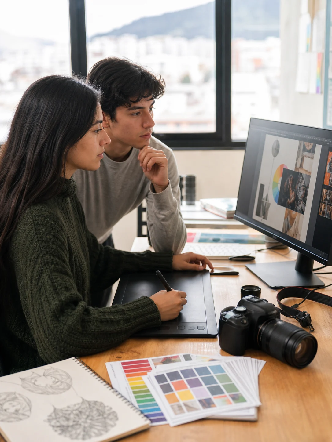Estudiantes de diseño trabajando con tableta gráfica, fotografía y color
