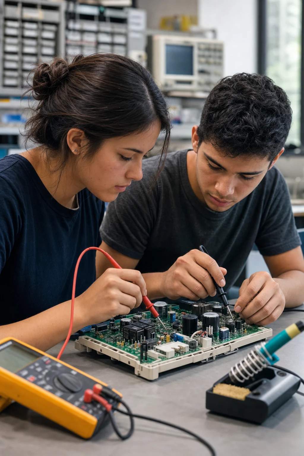 Estudiantes midiendo y verificando una tarjeta electrónica en el laboratorio