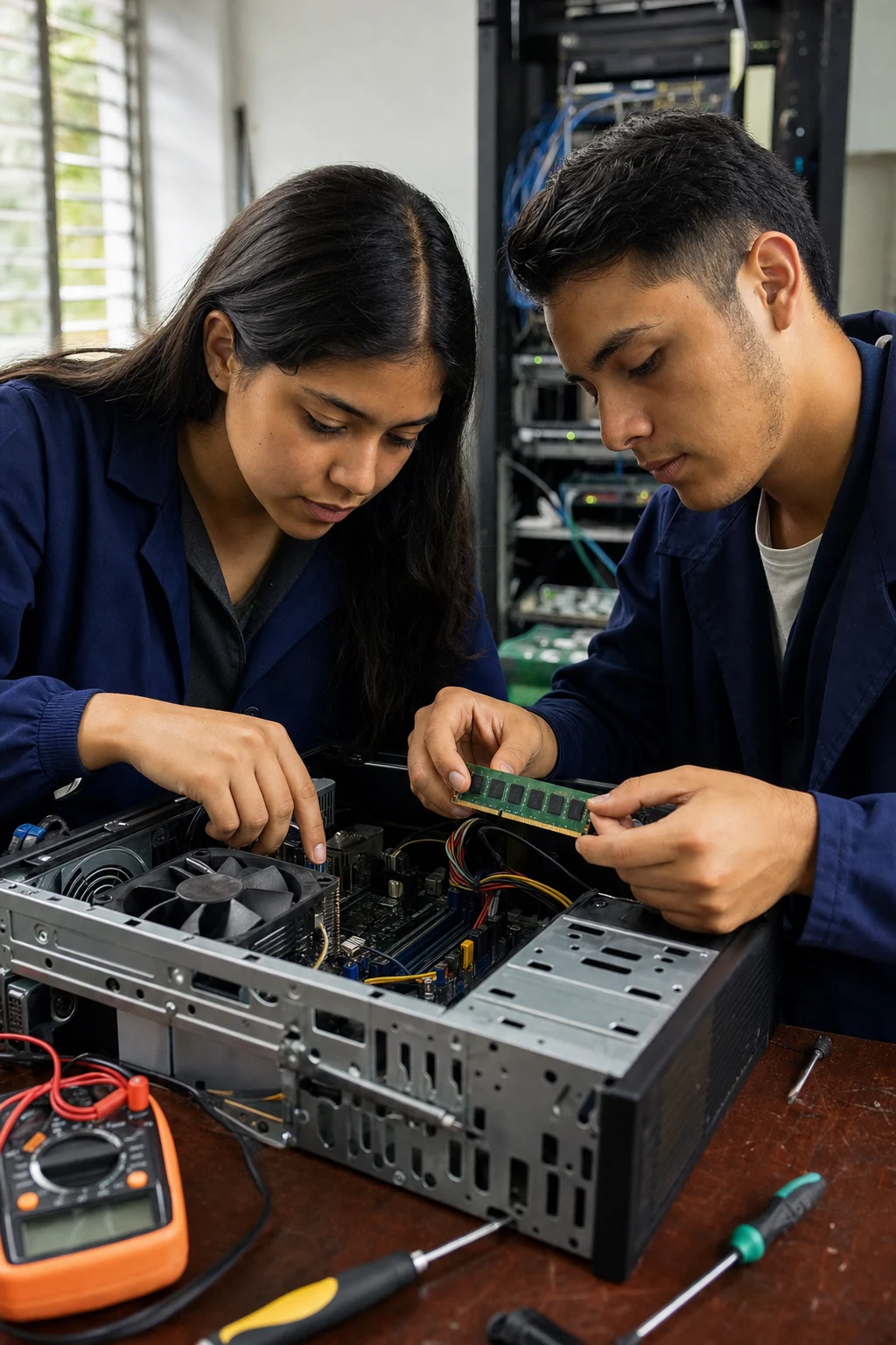Estudiantes diagnosticando los componentes de un computador